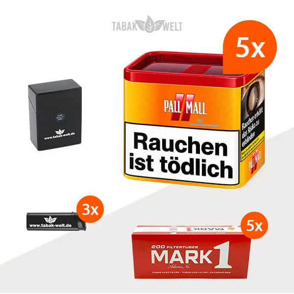Fünf Dosen Pall Mall Allround Red Volumentabak mit 1.000 Hülsen und praktischem Etui