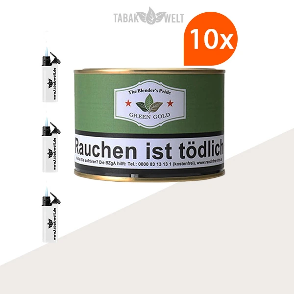 HU Tobacco Green Gold Pfeifentabak, 10 Dosen mit Feuerzeugen