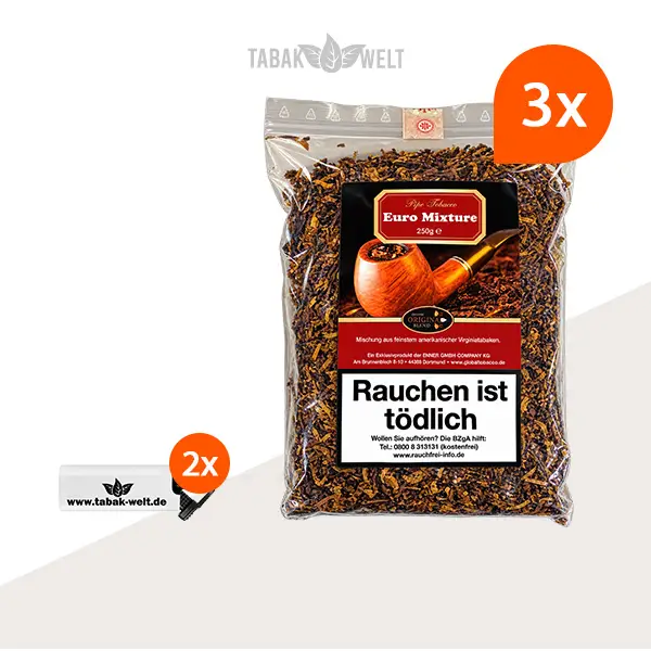 Euro Mixture Pfeifentabak – 3 Beutel mit Feuerzeugen