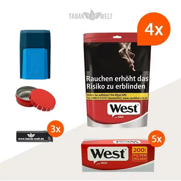 west-red-volumentabak-4x-beutel-mit-1000-huelsen-und-mini-aschenbecher