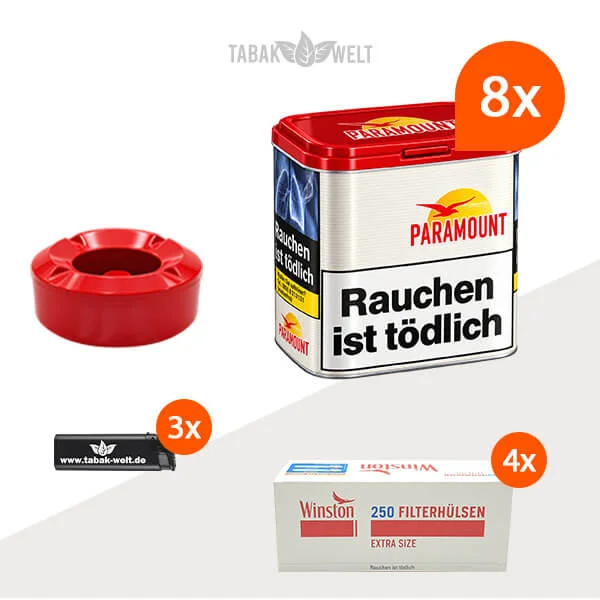 Paramount Red Volumentabak 8 x Dose mit 1000 Extra Size Hülsen und Aschenbecher