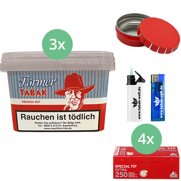 Farmer Rot Pfeifentabak Eimer 3 x 240g mit 1000 Extra Hülsen