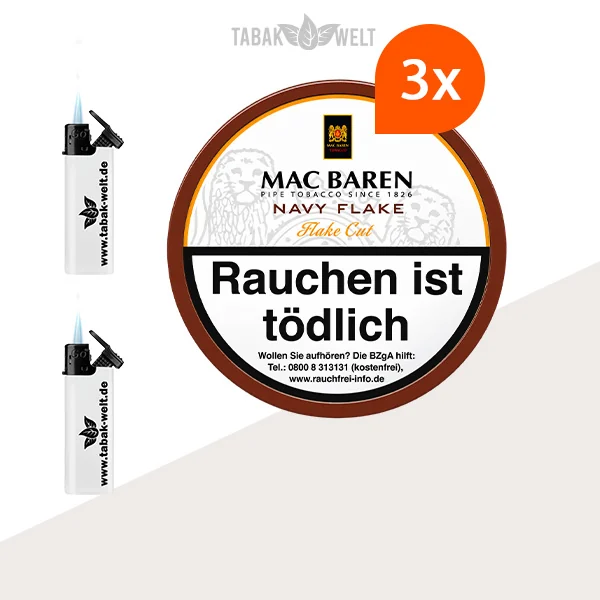 Mac Baren Navy Flake Pfeifentabak – 3x Dose mit Feuerzeugen