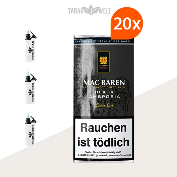 Mac Baren Black Ambrosia Pfeifentabak – 20 x Pouch mit Feuerzeugen