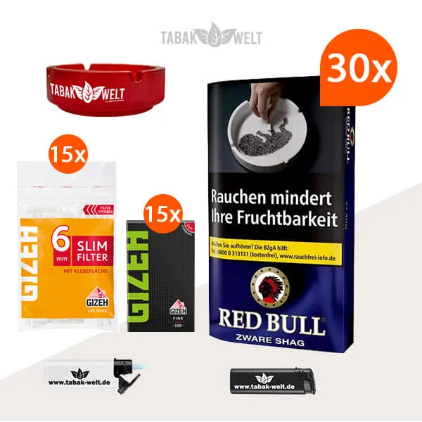 Red Bull Zware Shag Feinschnitt-Tabak 30x Pouch mit Blättchen
