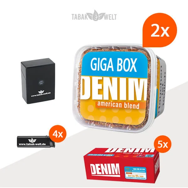 Denim Blend Volumentabak 2x Giga Box mit 1250 Extra Size Hülsen und Etui