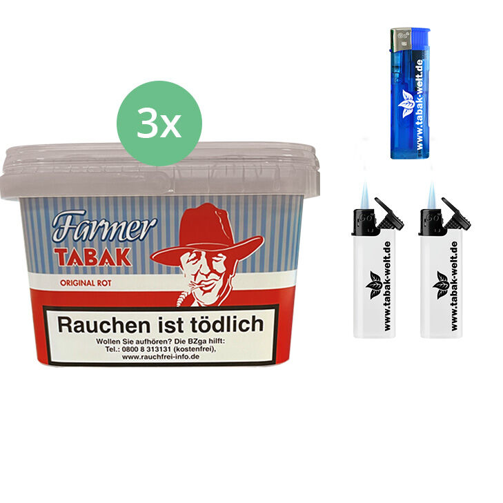 Farmer Rot Pfeifentabak Eimer 3 x 240g mit Feuerzeuge