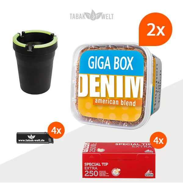 Denim Blend Volumentabak 2x Giga Box mit 1000 Special Tip Extra Size Hülsen