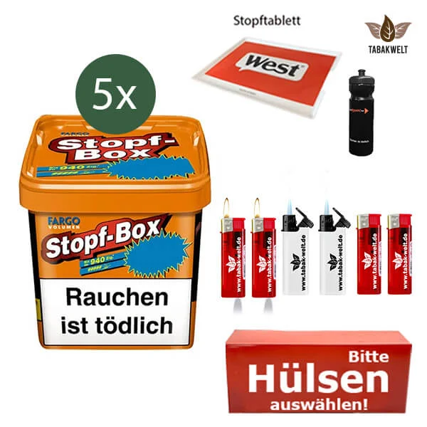 Fargo Volumentabak 5 x Stopf-Box XXL mit wählbaren Filterhülsen und Stopftablett