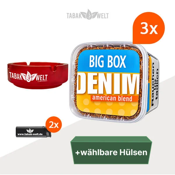 Denim Tabak, 3 Big Boxen mit wählbaren Hülsen und Aschenbecher