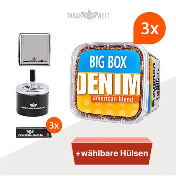 Denim Tabak, 5 Big Boxen mit wählbaren Hülsen und Drehaschenbecher