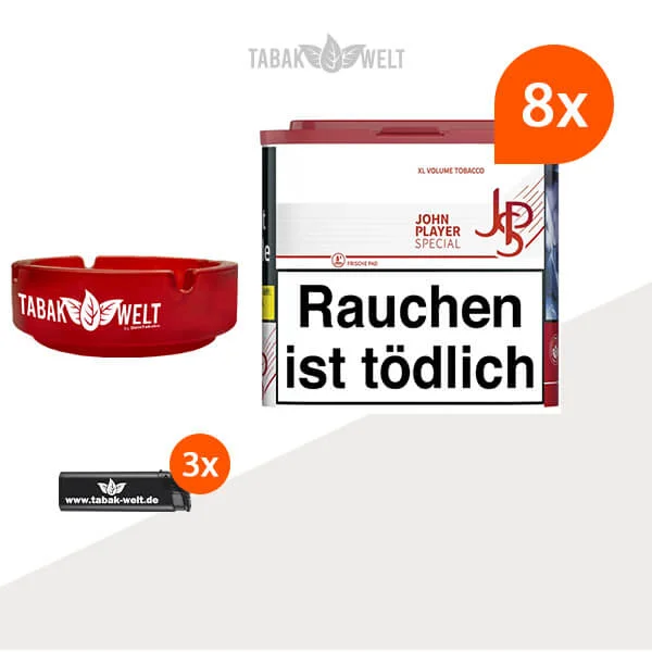 JPS Red Volumentabak 8x Dose mit Glas-Aschenbecher