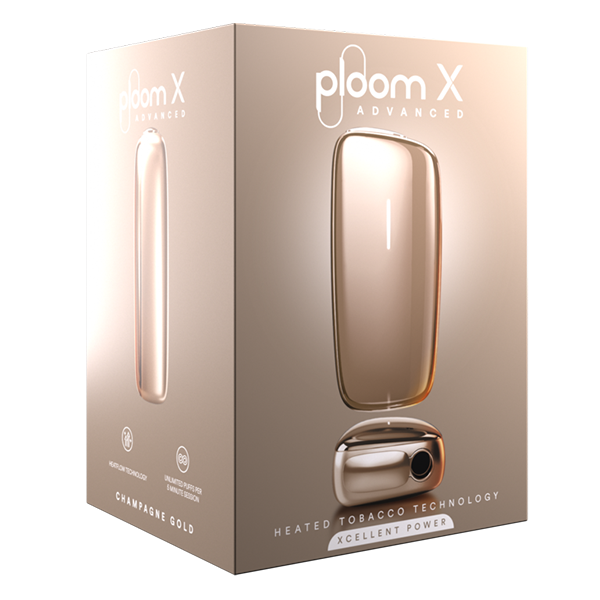 Das Ploom X Champagne Gold Devicekit plus gratis sticks aus weissem Hintergrund 