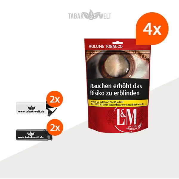L&M Red Volumentabak 4x Beutel mit Feuerzeugen