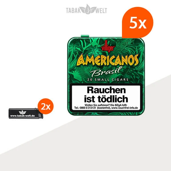 5x Villiger Americanos Brasil Zigarillos ohne Filter mit zwei Feuerzeugen