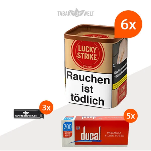 lucky-strike-red-feinschnitt-tabak-6x-dose-mit-1000-filterhuelsen-und-feuerzeugen