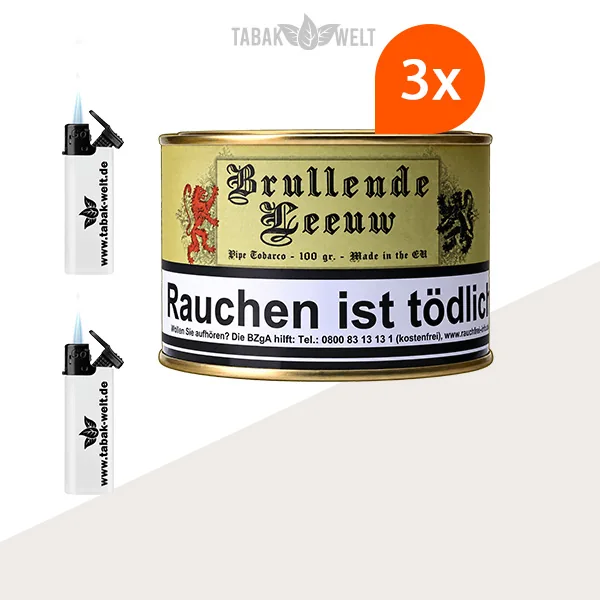 HU Tobacco Brullende Leeuw Pfeifentabak, 3 Dosen mit Feuerzeugen