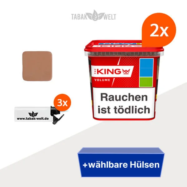 King Red Volumentabak 2x Mega-Box mit wählbaren Hülsen und Sturmfeuerzeug 