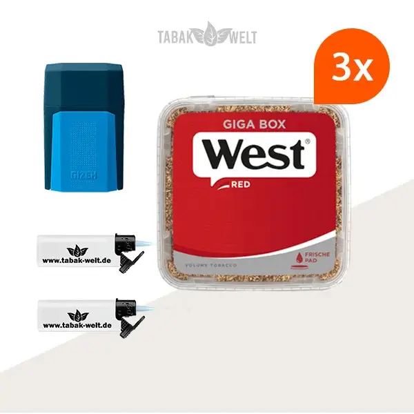 west-red-volumentabak-3x-giga-box-mit-etui-und-sturmfeuerzeugen