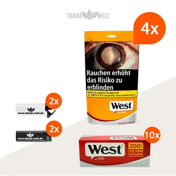 west-yellow-volumentabak-4x-grosse-beutel-mit-2000-king-size-filterhuelsen