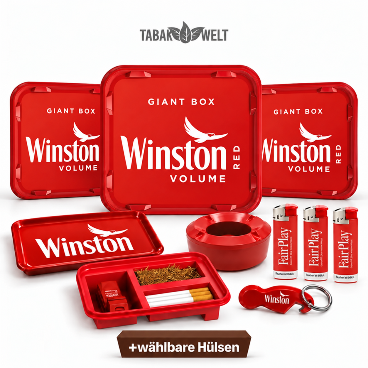 Winston Red Volumentabak 3x Giant Box inkl. wählbarer Hülsen und Aktionszubehör