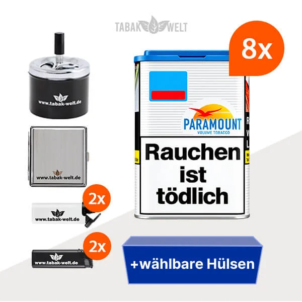Paramount Volumentabak Blue 8 x Dose mit wählbaren Hülsen und Metall-Etui
