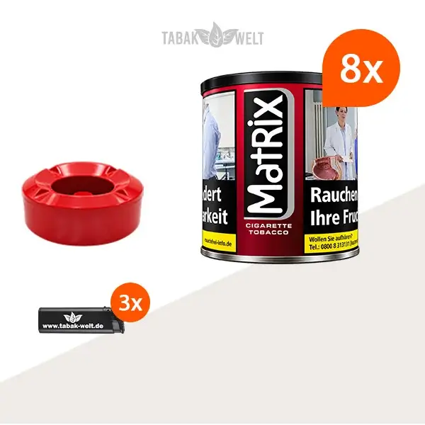Matrix Red Feinschnitt Tabak, 8 Dosen mit Aschenbecher