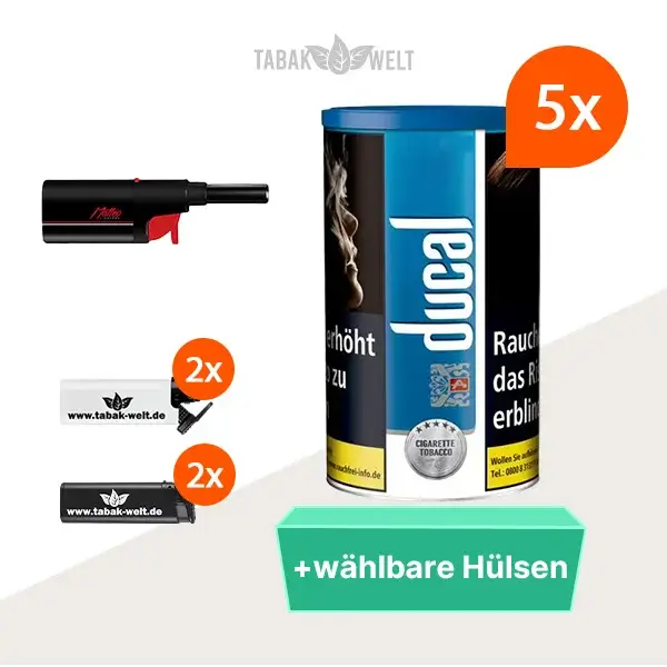 ducal-blau-feinschnitt-tabak-5x-dose-mit-waehlbaren-huelsen-und-stabfeuerzeug