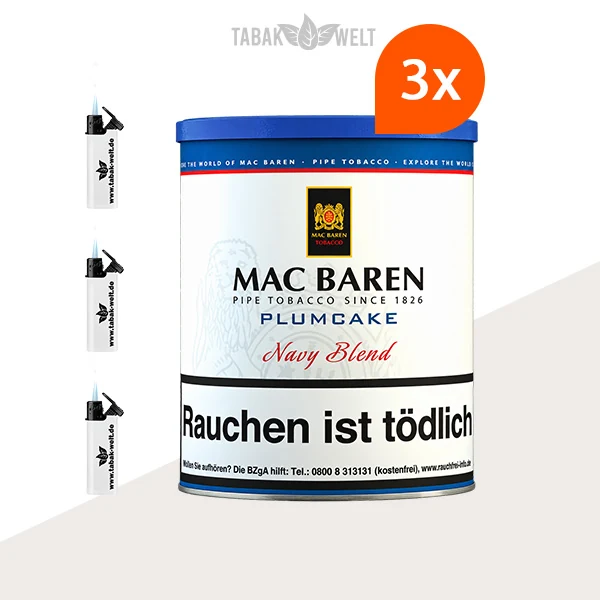 Mac Baren Plumcake Pfeifentabak – 3 große Dosen mit Feuerzeugen