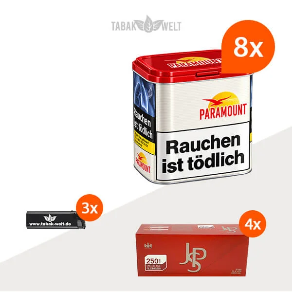 Paramount Red Volumentabak 8 x Dose mit 1000 Special Size Hülsen und Feuerzeugen