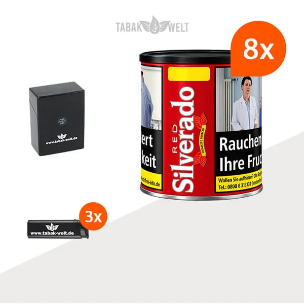 Silverado Red Cigarette Tobacco Wide Cut im 8er-Pack mit acht Dosen und Etui