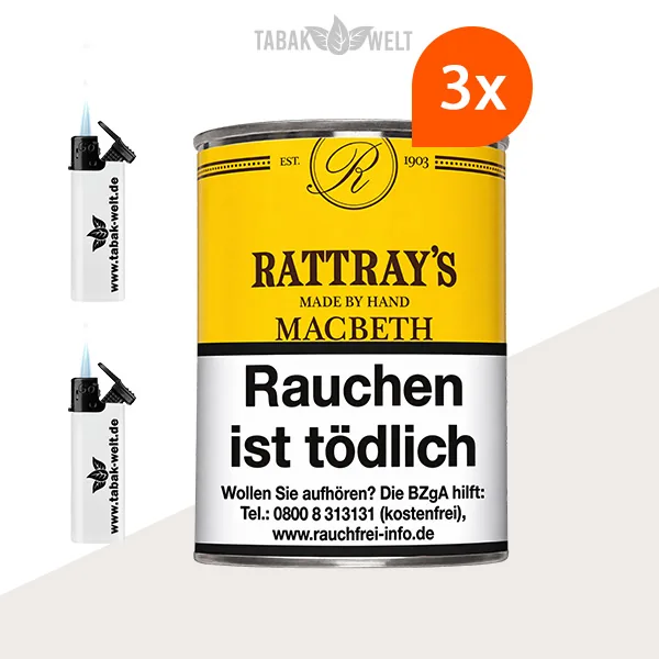 Rattray’s British Selection Macbeth Pfeifentabak – 3er-Box mit Feuerzeugen