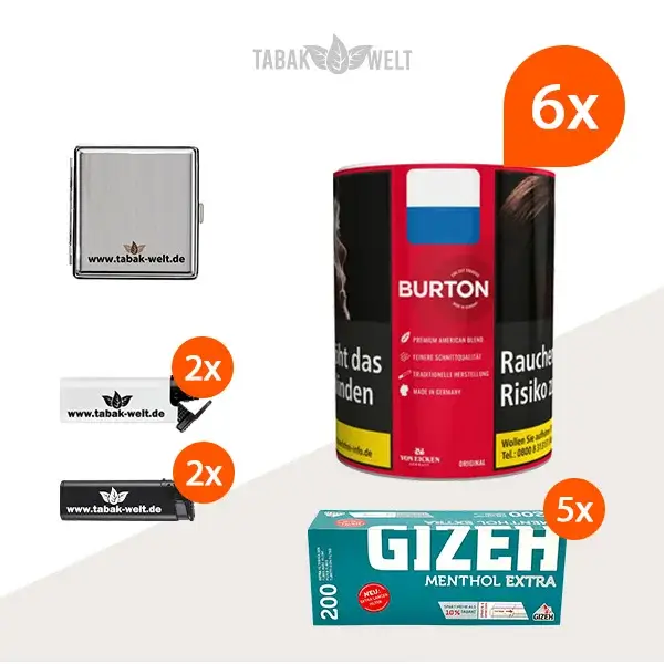 Burton Original Feinschnitt-Tabak 6x Dose mit 1000 Extra Menthol Hülsen und Etui Burton Original Feinschnitt-Tabak 6x Dose mit 1000 Extra Menthol Hülsen und Etui