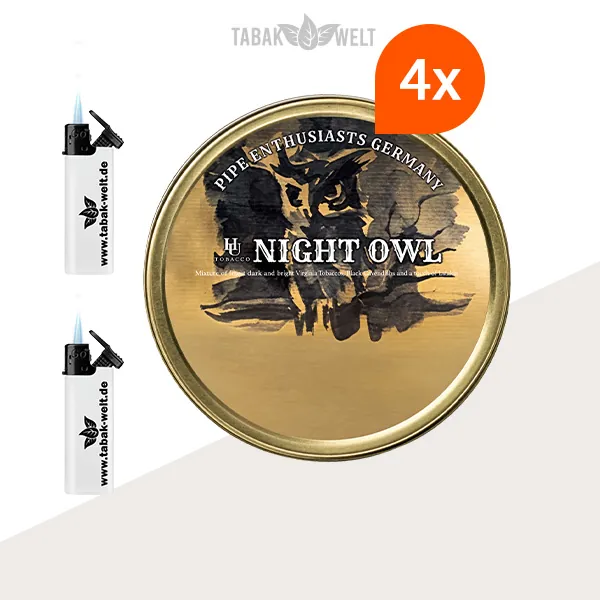 HU Tobacco Night Owl Pfeifentabak – 4 Dosen mit Feuerzeugen