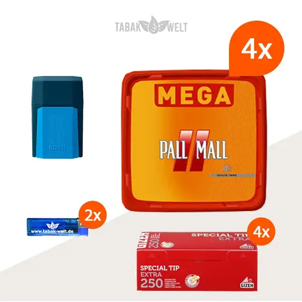 Pall Mall Allround Red Volumentabak 4x Mega Box mit 1000 Special Tip Extra Hülsen 