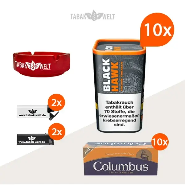 Black Hawk Volumentabak 10x Dose mit 2000 Hülsen und Glas Aschenbecher Black Hawk Volumentabak 10x Dose mit 2000 Hülsen und Glas Aschenbecher