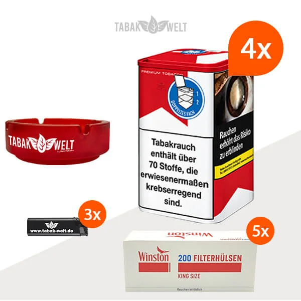Marlboro Red Feinschnitt-Tabak 4x Dose mit 1000 Winston King Size Hülsen und Aschenbecher