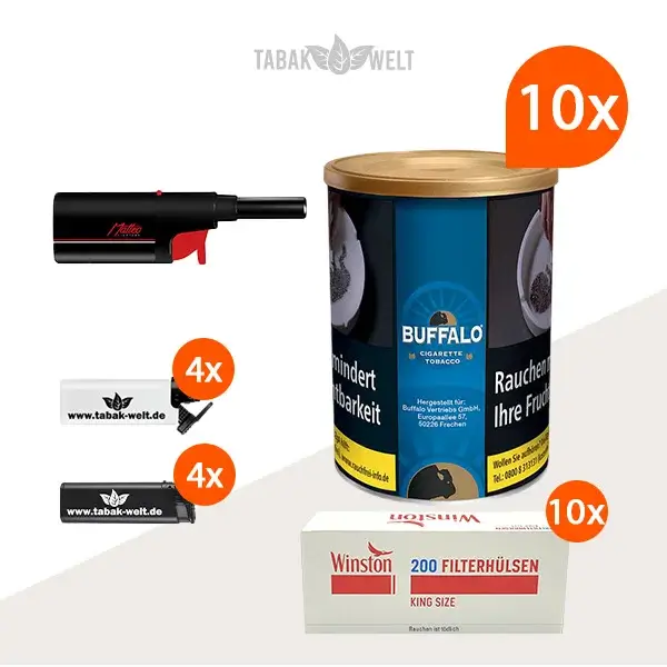 Buffalo Blau Feinschnitttabak 10x Dose mit 2000 King Size Hülsen und Stabfeuerzeug 
