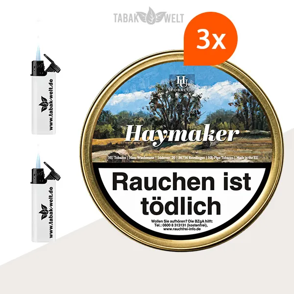 HU Tobacco Haymaker Pfeifentabak 3 Dosen mit Feuerzeugen