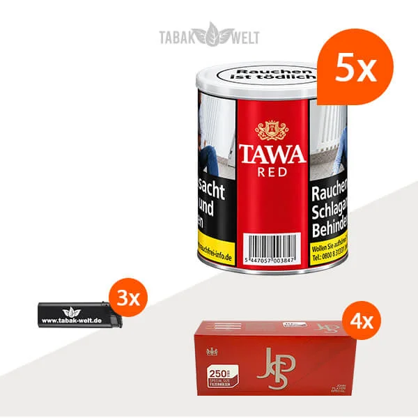 Tawa Red Feinschnitt Tabak – 5 Dosen mit 1000 Special-Size-Hülsen und Feuerzeugen