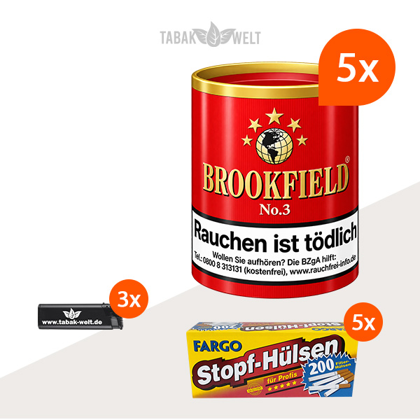 Brookfield No. 3 Pfeifentabak 5er-Set mit 1.000 Stopfhülsen