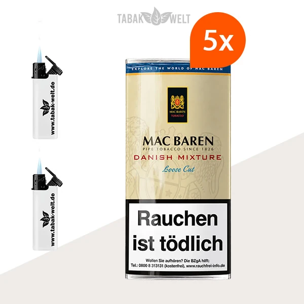 Mac Baren Danish Mixture Pfeifentabak 5er-Pouch-Set mit Feuerzeugen