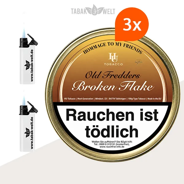 HU Tobacco Broken Flake Pfeifentabak 3 Dosen mit Feuerzeugen