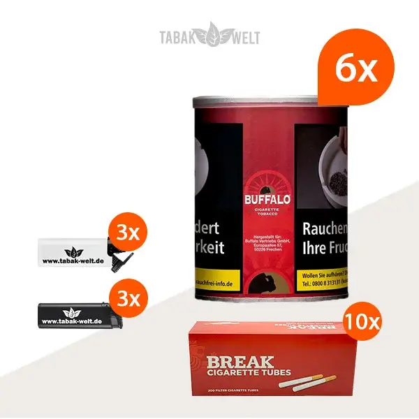 buffalo-red-feinschnitttabak-6x-dose-mit-2000-huelsen-und-feuerzeugen