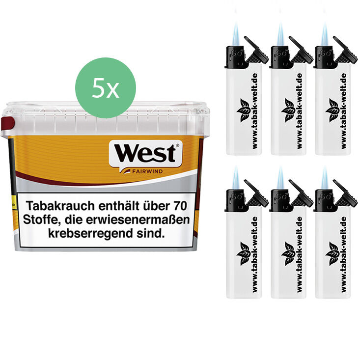 West Yellow Volumentabak 5 x Mega Box mit Feuerzeugen