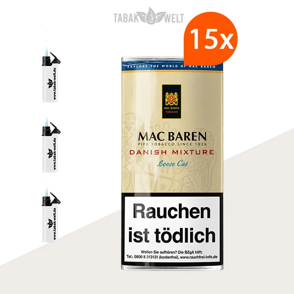 Mac Baren Danish Mixture Pfeifentabak 15er-Pouch-Set mit Feuerzeugen
