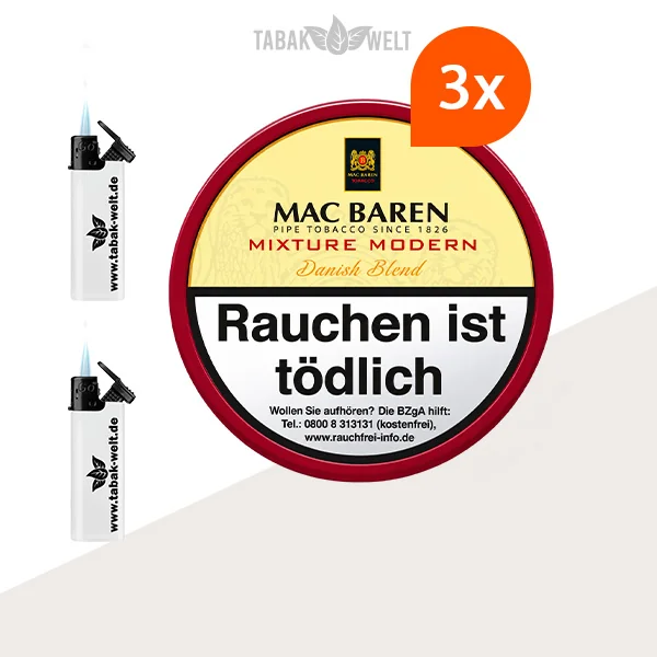 Mac Baren Mixture Modern Pfeifentabak 3er-Pouch-Set mit Feuerzeugen