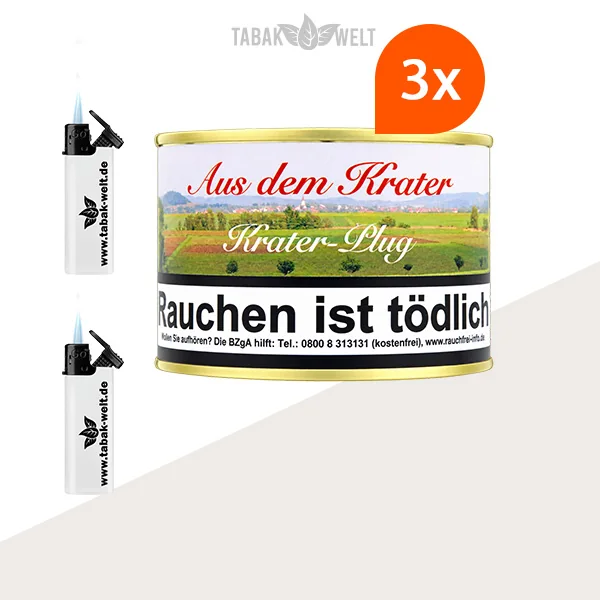 HU Tobacco Krater Plug Pfeifentabak – 3 Dosen mit Feuerzeugen im Set