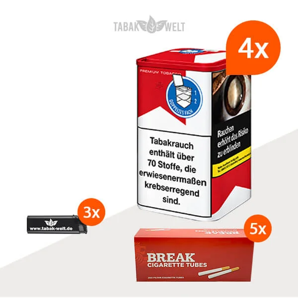 Marlboro Red Feinschnitt-Tabak 4x Dose mit 1000 Hülsen und Feuerzeugen