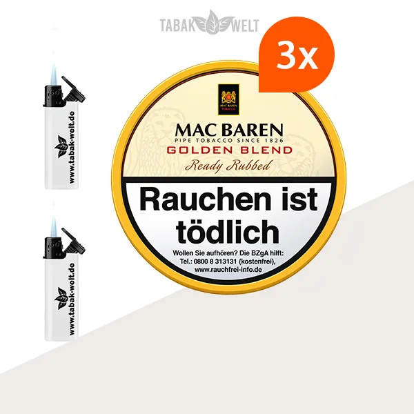 Mac Baren Golden Blend Pfeifentabak 3er-Dosen-Set L mit Feuerzeugen